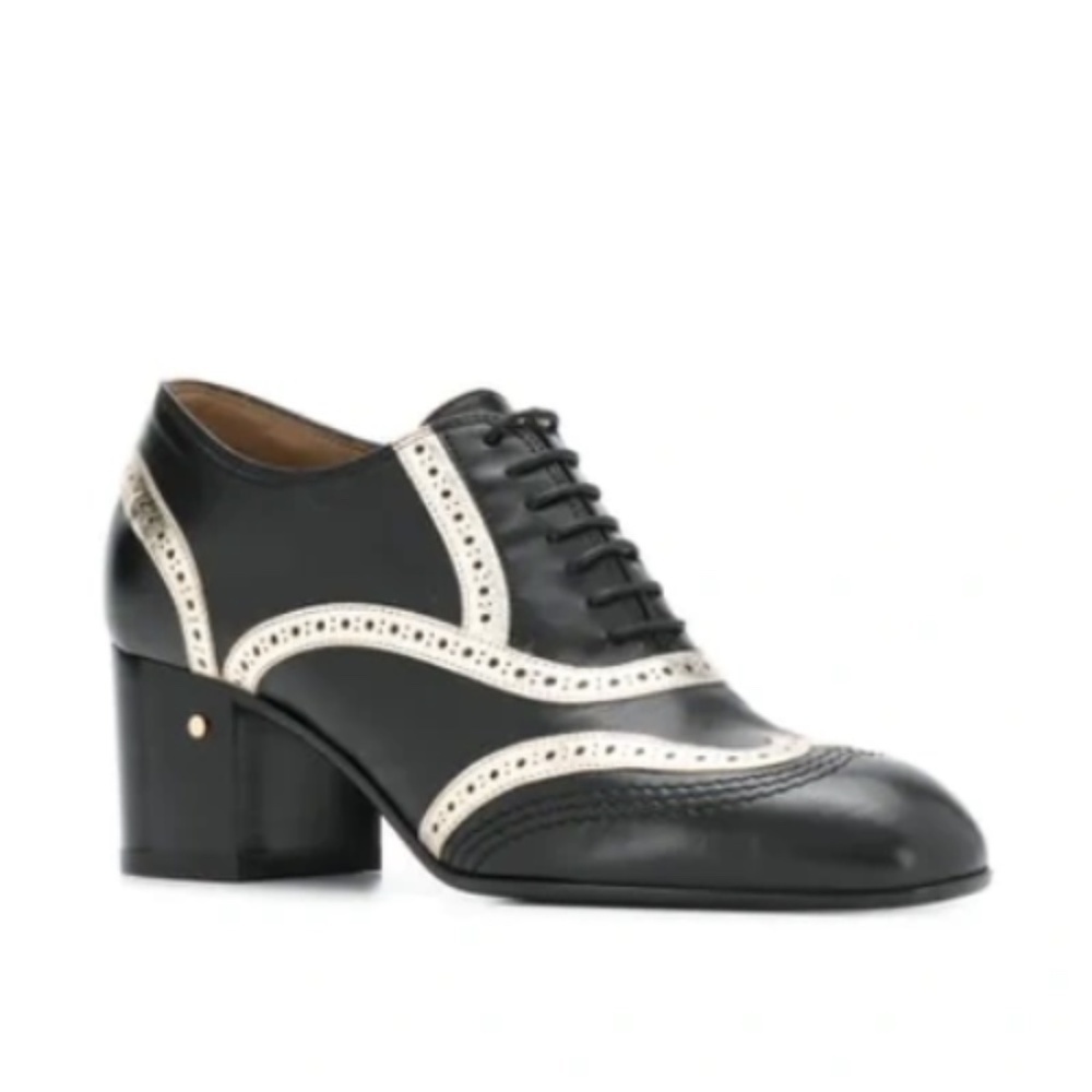 NIB Laurence Dacade Victoria Black & Platinum Lace Up Wingtip Oxford Heels 37.5